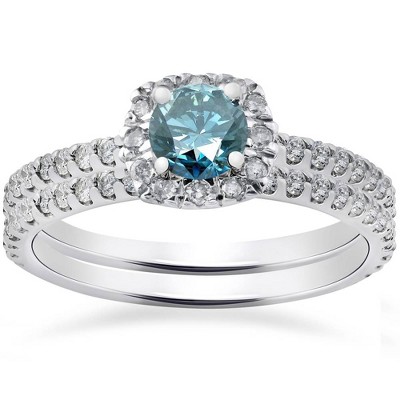 Pompeii3 1ct Cushion Halo Blue Diamond Engagement Ring Set 14K White Gold