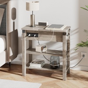 End Table with USB Ports & Outlets - Flip Top Narrow Bedside Table with Drawer & Storage Shelves for Living Room, Bedroom, Office - 1 of 4