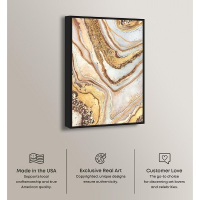 Golden Lines Abstract Canvas Wall Art with Black Frame