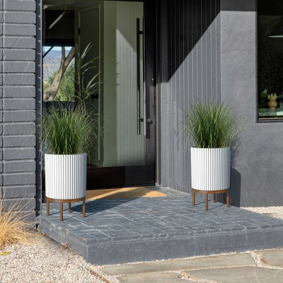 White Fluted Concrete-Composite Planter with Acacia Wood Stand