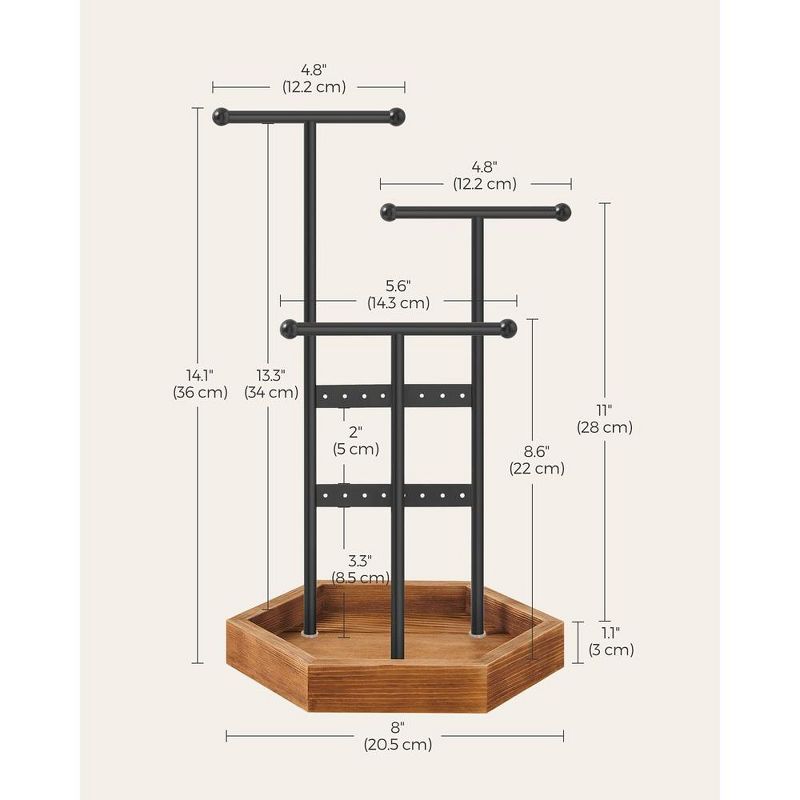 SONGMICS Jewelry Holder Jewelry Organizer 4 Independent Zones Jewelry Display Stand Necklace Earring Bracelet Holder Black and Caramel Brown, 5 of 8