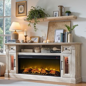 SinCiDo Farmhouse Fireplace TV Stand for 80 Inch TV, Electric Fireplace Entertainment Center w/ LED lights & Glass Door Cabinets & Drawers - 1 of 4
