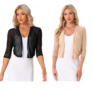 INSPIRE CHIC Women's 3/4 Sleeve Open Front Mesh Sheer Chiffon Bolero Shrug 2 Packs - 1 of 4