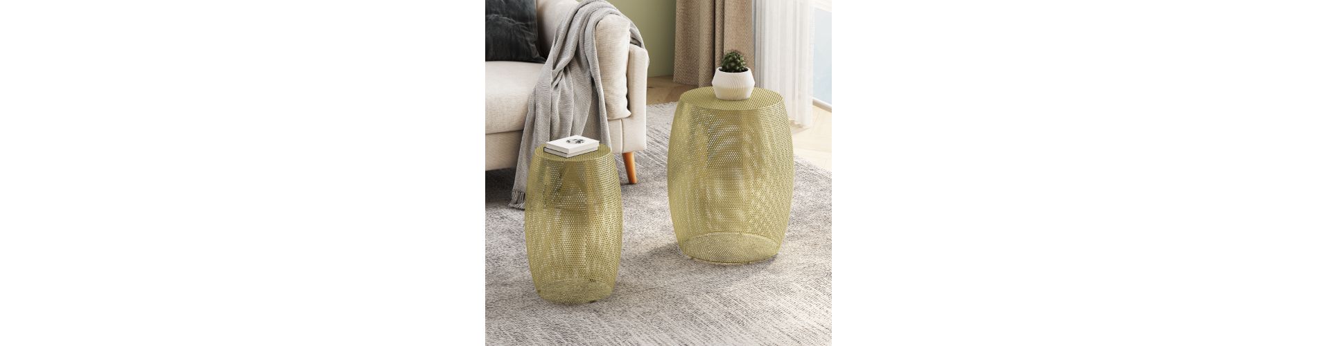 Lyngins 2-Piece Modern Gold Drum-Style Outdoor End Table, Accent Table for Patio or Indoor Use, Round Hollow Patio Side Table Set