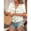 Women's V Neck Short Sleeve Floral Embroidery Front Tie Blouse Tops - 3 of 4