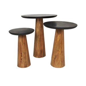 Olivia & May Mango Wood Handmade Cone Shaped Accent Table with Black Tabletops Set of 3 Brown: Modern Round Pedestal Table - 1 of 4