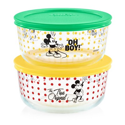 Pyrex 4pc 4 Cup Round Decorated Glass Food Storage Set - Mickey Mouse Oh Boy and The True Original