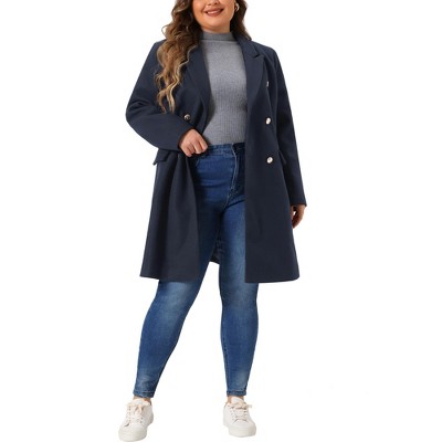 Agnes Orinda Women's Plus Size Double Breasted Notch Lapel Pocket Long Trench Pea Coats