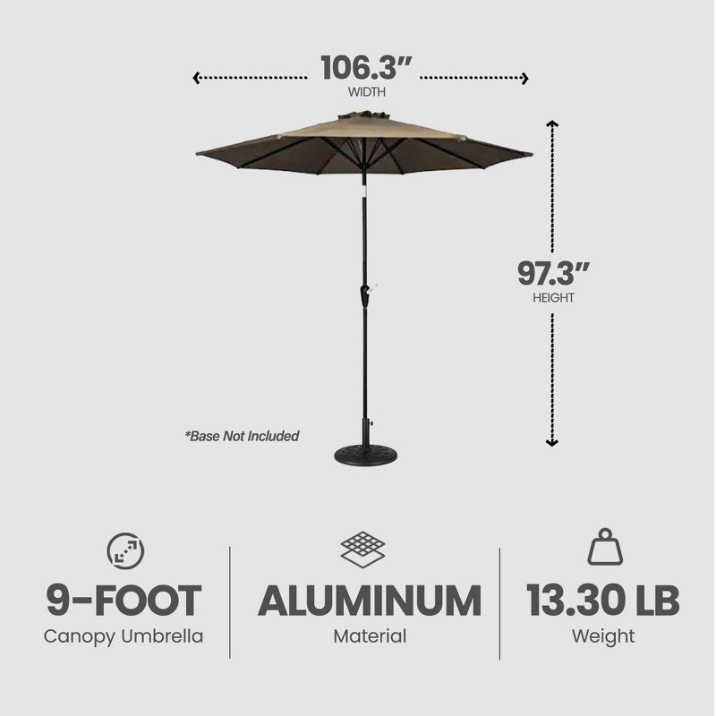 Four Seasons Courtyard 9 Foot Patio Market Umbrella Round Polyester Fabric Outdoor Backyard Shaded Canopy with Crank Lift and Auto Tilt, Taupe, 2 of 7