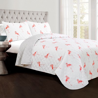 Coral and White Flamingo Print Full/Queen Quilt Set