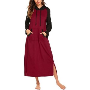 Ekouaer Nightgowns for Women Cotton Nightgown Long Sleeve Hooded Night Gown Contrast Color Full Length Loungewear with Pocket - 1 of 4