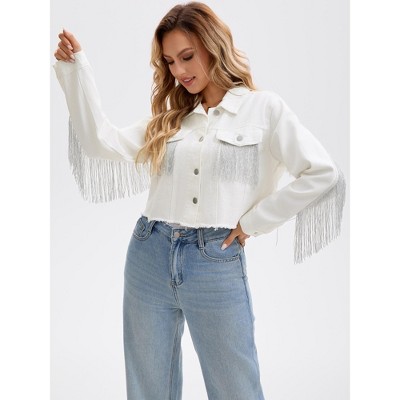INSPIRE CHIC Women's Fringe Long Sleeve Frayed Hem Crop Denim Jacket Light Blue Small 2 Packs White/Dark Blue Large — фото 2