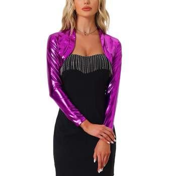Allegra K Women's Cropped Holographic Party Shiny Lightweight Long Sleeve Shrugs