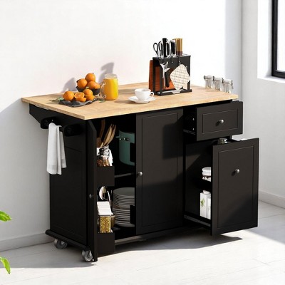 53.9" Rolling Kitchen Island Cart with Drop Leaf, 3-Tier Pull-Out Organizer, Internal Storage Racks,Towel Rack & Lockable Wheels, Kitchen Cabinets