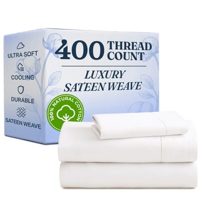 100% Cotton 400 Thread Count 4 Piece Sheet Set - Soft & Cozy Sateen Bed Sheets - CGK Linens