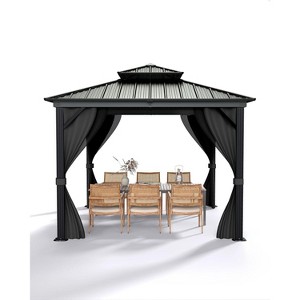 12' x 12' Hardtop Gazebo, Aluminum Frame Canopy with Galvanized Steel Double Roof, Netting & Curtains, Outdoor Pergola for Patio, Lawn, Garden, Khaki - 1 of 4