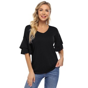 Clearlove Women's Casual Blouses Ruffle Sleeve T Shirts V Neck Double Tiered Bell Sleeve Top - 1 of 4