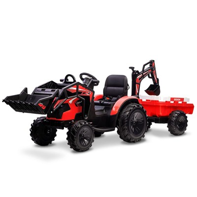 24V 3 in 1 Kids Ride on Tractor, Excavator & Bulldozer, Electric Vehicle w/Trailer, Shovel Bucket, Digger