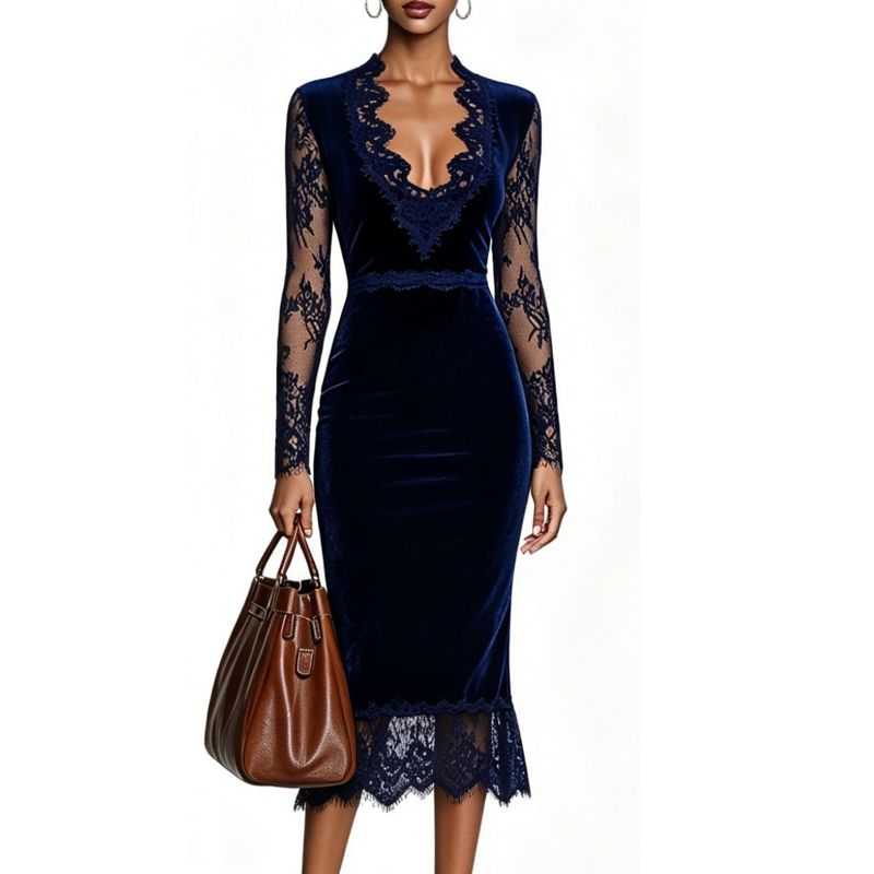 YESFASHION Women's Lace Trim Velvet Midi Dress Deep V Neck Long Sleeve Bodycon Wrap Skirt Formal Cocktail Party Outfit,L,Blue