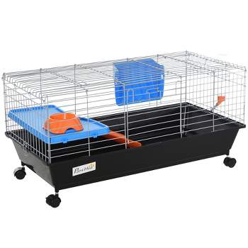 PawHut Small Animal Cage, Rolling Dwarf Bunny Cage, Guinea Pig Cage with Food Dish, Water Bottle, Hay Feeder, Platform, Ramp for Chinchilla