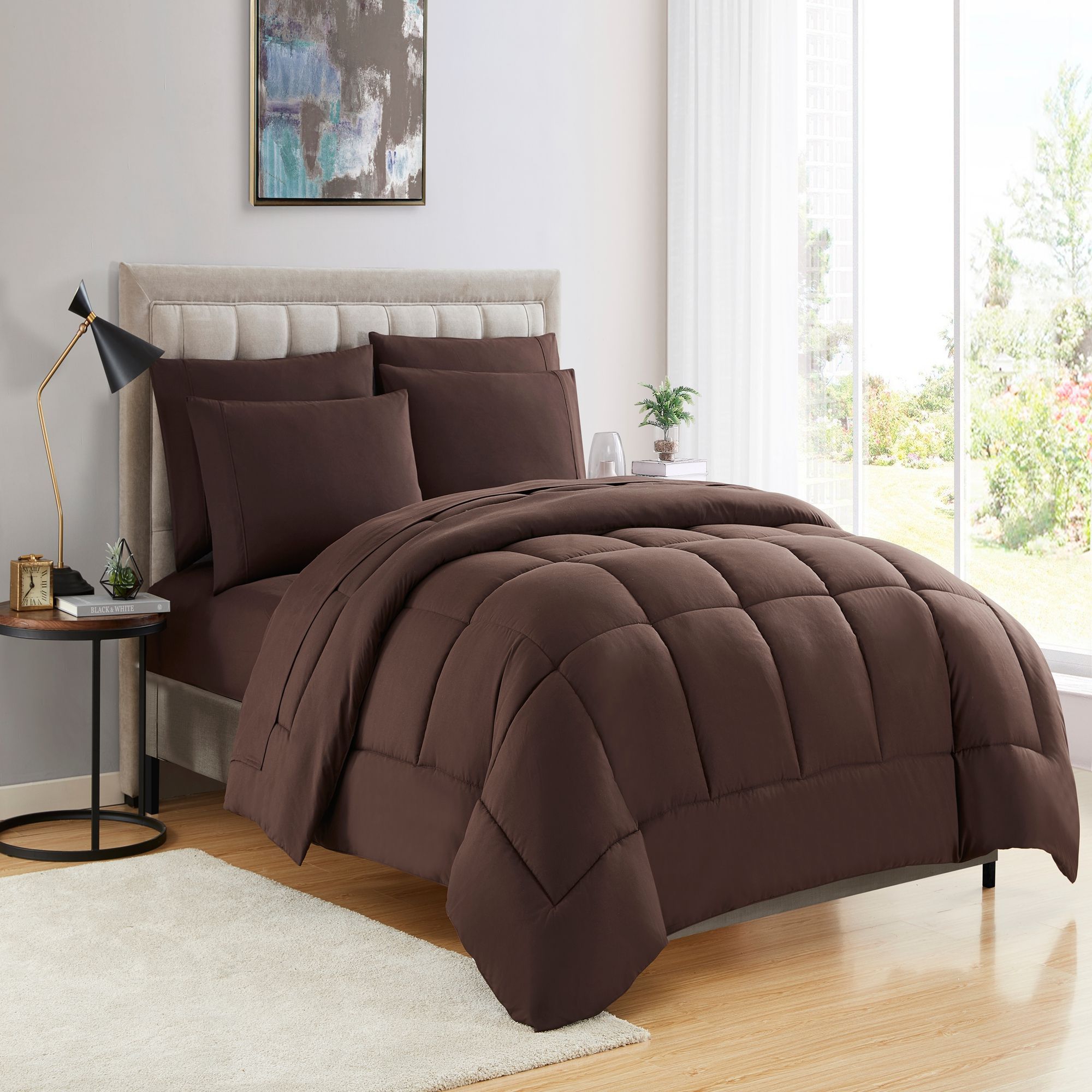 Bed-in-A-Bag Solid Color Comforter & Sheet Set Soft All Season Bedding, Queen, Brown