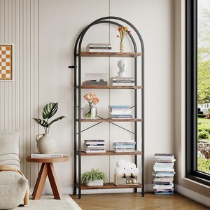 Jojoka 5-Tier Arched Bookshelf, Tall Wood Bookcase with Metal Frame, Modern Storage Rack for Living Room, Bedroom, or Home Office，Black+Brown - 1 of 4