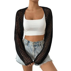 Womens Long Sleeve Crochet Knit Bolero Open Front Cropped Lightweight Cardigan Cover Up Tops - 1 of 4