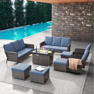 Brafab 9 Peices Outdoor Patio Furniture Set with 44" Gas Fire Pit Table and Swivel Rocking Chairs Conversation Sets with 4.3" Cushion - 1 of 4
