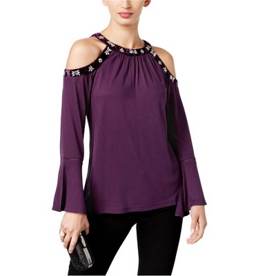 I.N.C International Concepts Womens Embellished Cold Shoulder Blouse, Purple, Medium