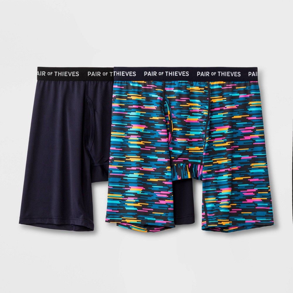 Pair of Thieves Men's Super Fit Solid/Striped Boxer Briefs 2pk - Black/Navy Blue/Light Blue XL: Mid Rise, Microfiber