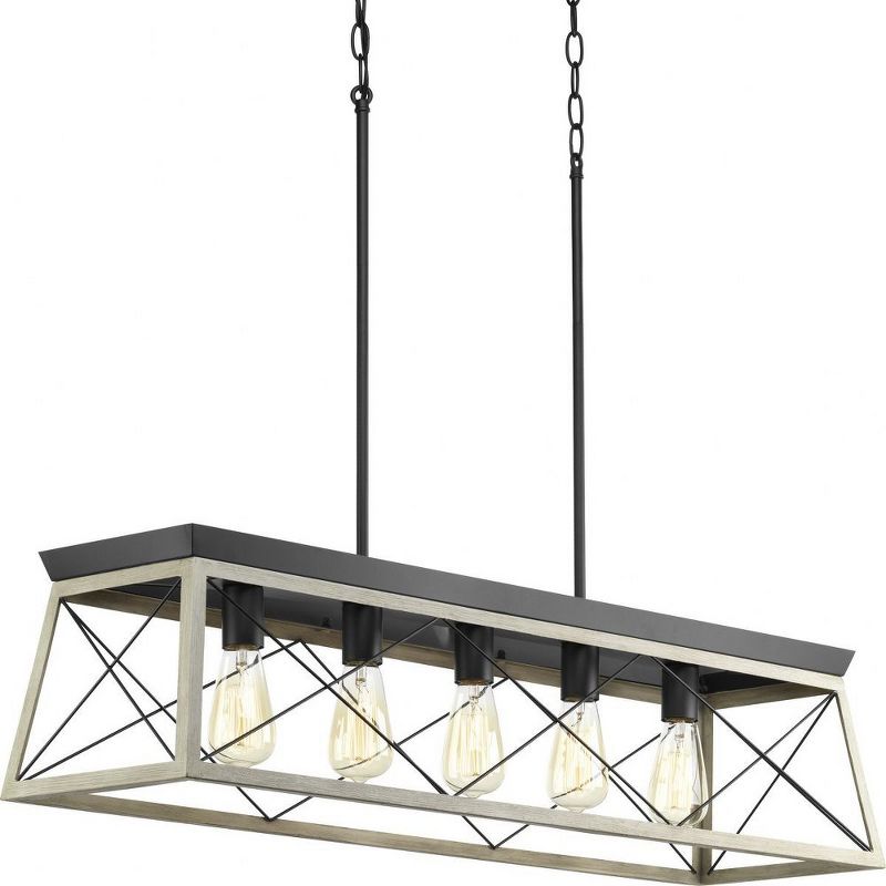 Progress Lighting Briarwood 5-Light Linear Chandelier, Steel, Graphite Finish, Faux-Painted Wood Enclosure, 1 of 6