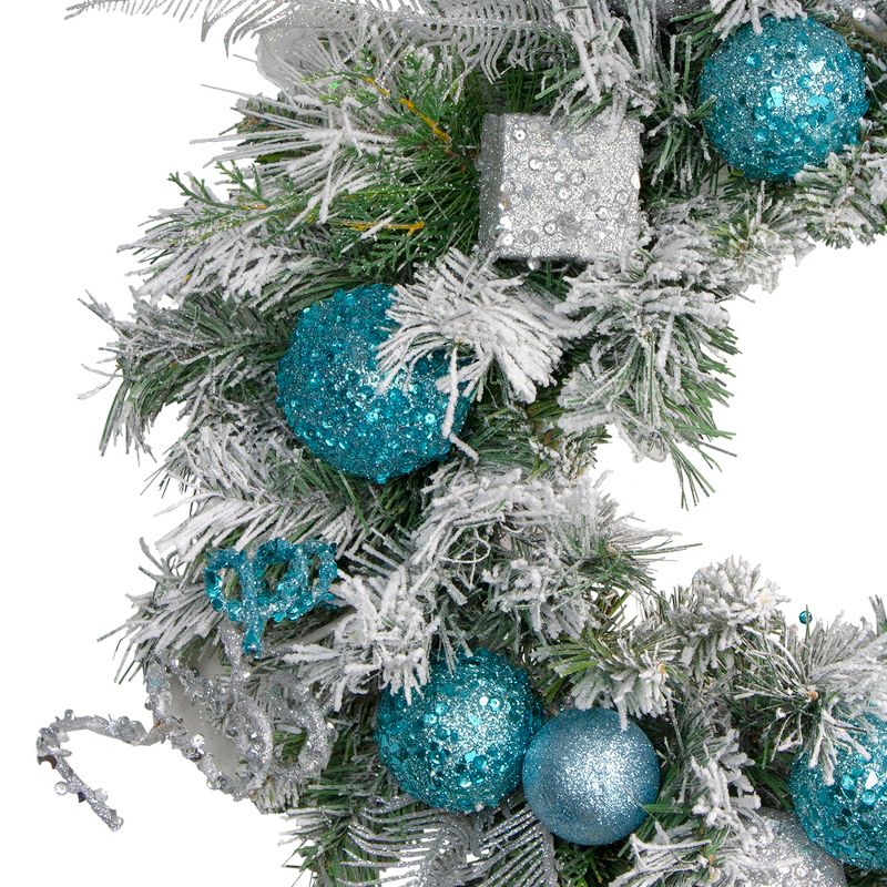Northlight Flocked Pine with Teal and Silver Ornaments Artificial Christmas Wreath, 24-Inch, Unlit, 2 of 4