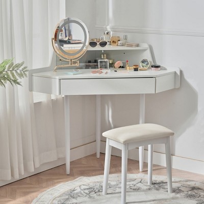 44" White Small Corner Vanity Desk with 3-Color LED Mirror,Space-Saving Dressing Table with Drawer & Stool-The Pop Home