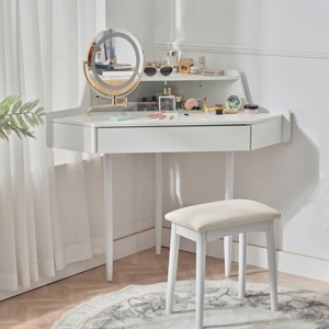 44" White Small Corner Vanity Desk with 3-Color LED Mirror,Space-Saving Dressing Table with Drawer & Stool-The Pop Home - 1 of 4