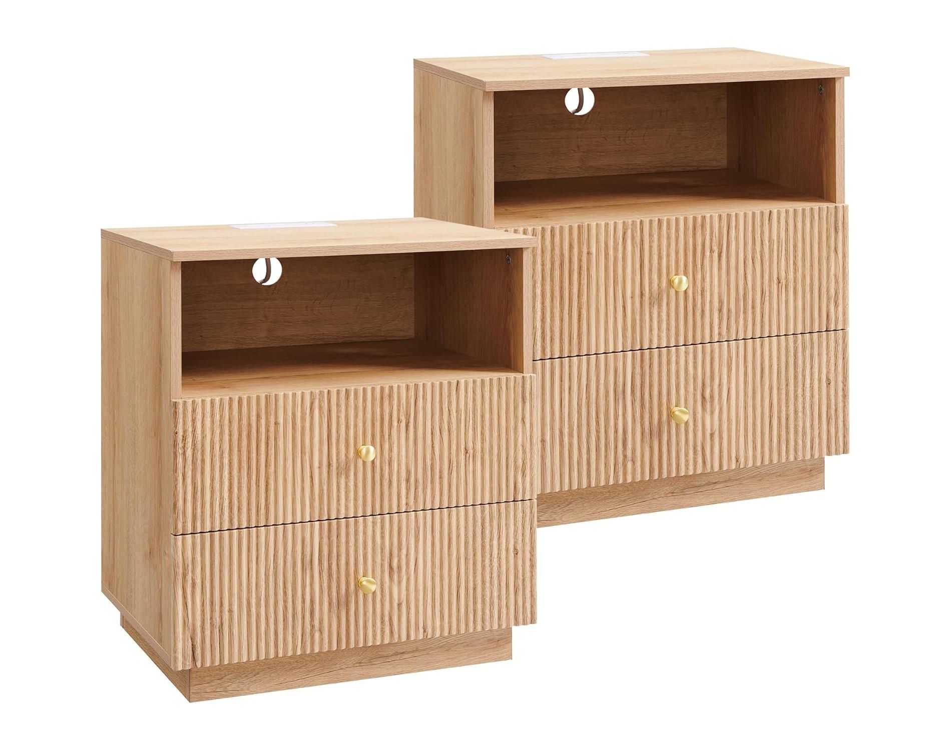 SinCiDo Modern Nightstand Set of 2, Wood Night Stand with Charging Station & 2 Drawers & Open Shelf, Fluted Bedside Table for Bedroom, Natural