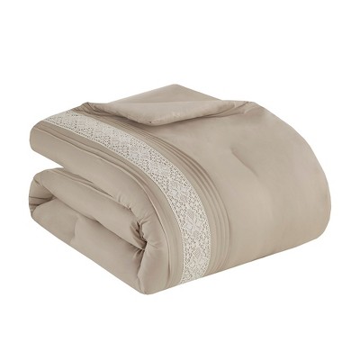 Taupe Queen Microfiber Comforter Set with Lace Trim