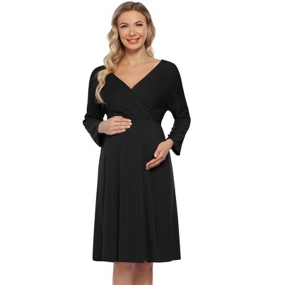 Coolmee Women's Maternity Wrap Dress Casual Midi Dress A-Line V Neck 3/4 Sleeve Dresses for Cocktail Church Wedding