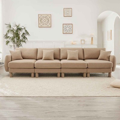 Modern Boucle 4-Seater Sectional Sofa, Sculptural Style Couch with Armrests and Cylindrical Legs, Fabric Couch with Plush Cushion-Coolbibila