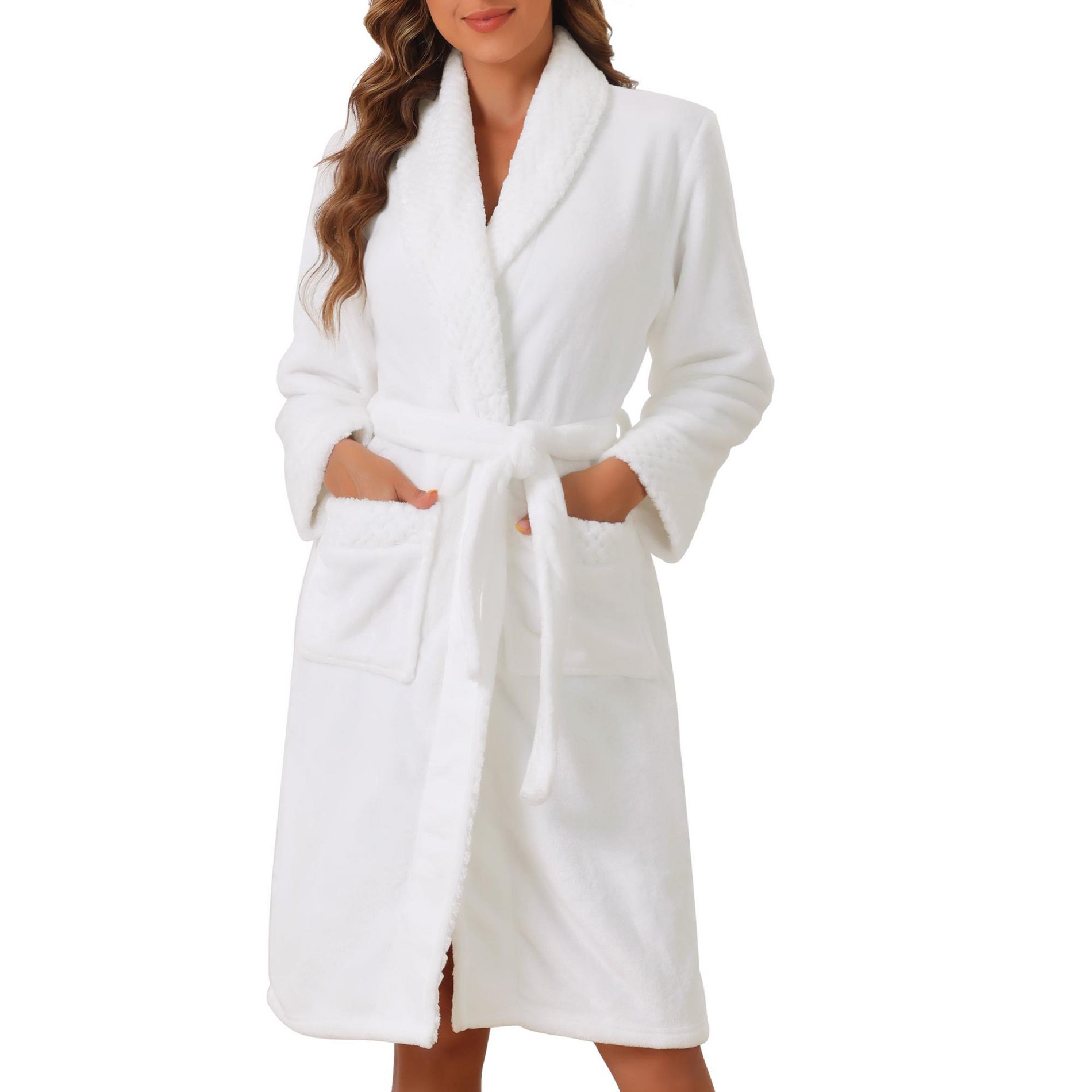cheibear Women's Lounge Robe Soft Warm Flannel Plush Fluffy Bathrobe with Belt and Pockets White X-Large