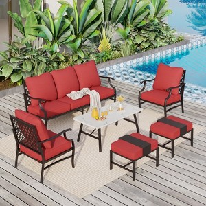 Captiva Designs 6pc Metal Patio Outdoor Conversation Set with Grid-back Armchairs, Ottomans and Coffee Table - 1 of 4