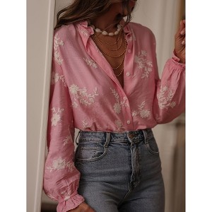 Womens Long Lantern Sleeve Fall Summer Casual Shirt Jacquard Button Down Tops Collar Loose Blouses - 1 of 4