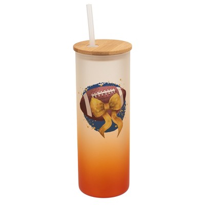 Elanze Designs 25 Ounce Frosted Glass Gradient Travel Tumbler With Straw and Wooden Lid, Football With Gold Bow Orange