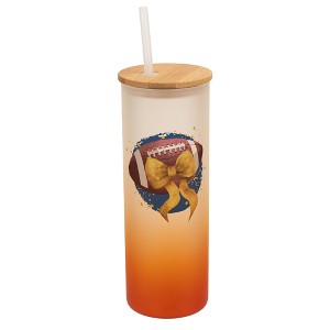 Elanze Designs 25 Ounce Frosted Glass Gradient Travel Tumbler With Straw and Wooden Lid, Football With Gold Bow Orange - 1 of 1