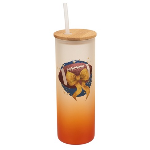 Elanze Designs 25 Ounce Frosted Glass Gradient Travel Tumbler With Straw and Wooden Lid, Football With Gold Bow Orange - image 1 of 1