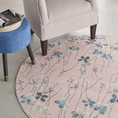 Blushing Blossom 63'' Round Pink Floral Easy-Care Area Rug