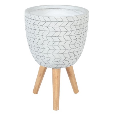 LuxenHome White Cube Design 14.6" Round MgO Planter with Wood Legs