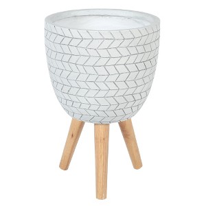 LuxenHome White Cube Design 14.6" Round MgO Planter with Wood Legs - 1 of 4