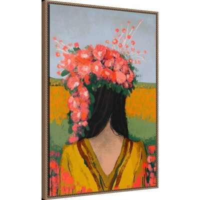 Woman with Floral Wreath Abstract Canvas Print in Bronze Frame