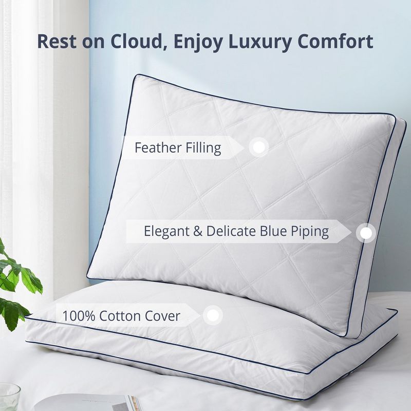 Peace Nest Goose Feather Down Pillow White Quilted Cotton Cover Set of 2, 3 of 9