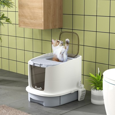 Gray Enclosed Cat Litter Box with Drawer and Scoop